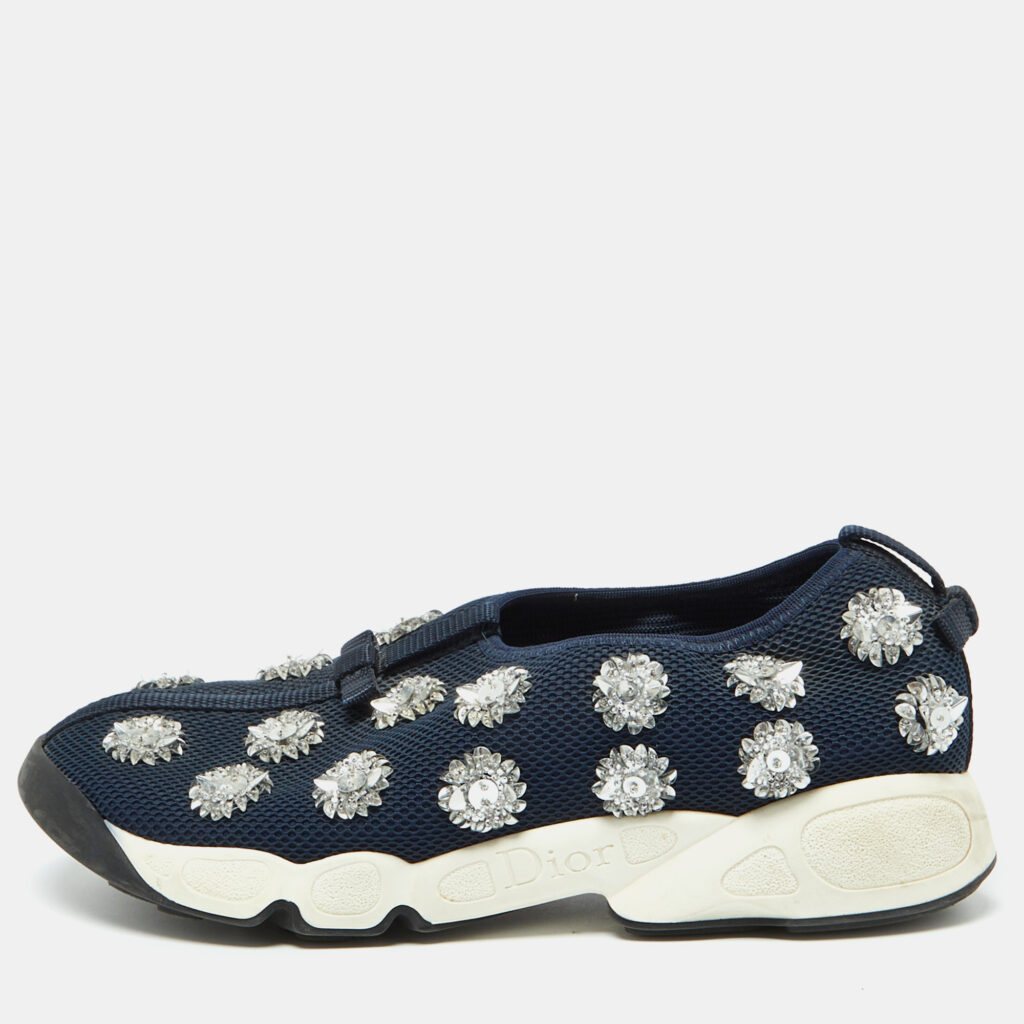 luxury-women-dior-used-shoes-p1082119-001.jpg Dior Navy Blue Mesh Fusion Embellished Slip On Sneakers Size 39