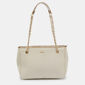 dkny ivory leather top zip chain tote
