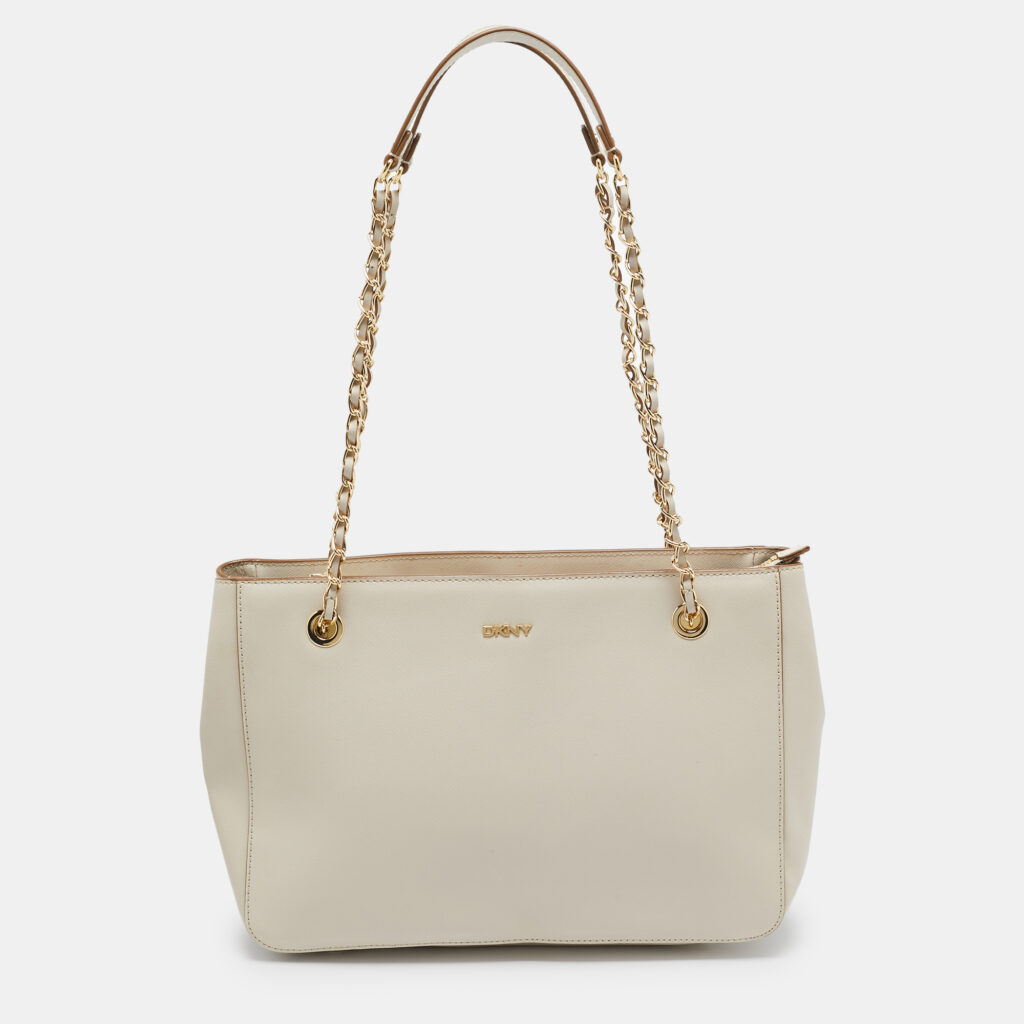 luxury-women-dkny-used-handbags-p1014837-001.jpg DKNY Ivory Leather Top Zip Chain Tote