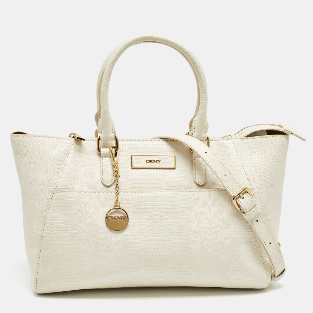 luxury-women-dkny-used-handbags-p1014986-009.jpg DKNY Off White Lizard Embossed Leather Top Zip Tote