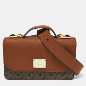 dkny brown signature coated canvas and leather top handle bag