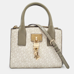 dkny grey/beige signature coated canvas and leather padlock charm tote
