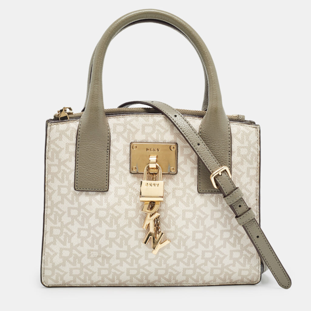 luxury-women-dkny-used-handbags-p1017488-004.jpg DKNY Grey/Beige Signature Coated Canvas and Leather Padlock Charm Tote
