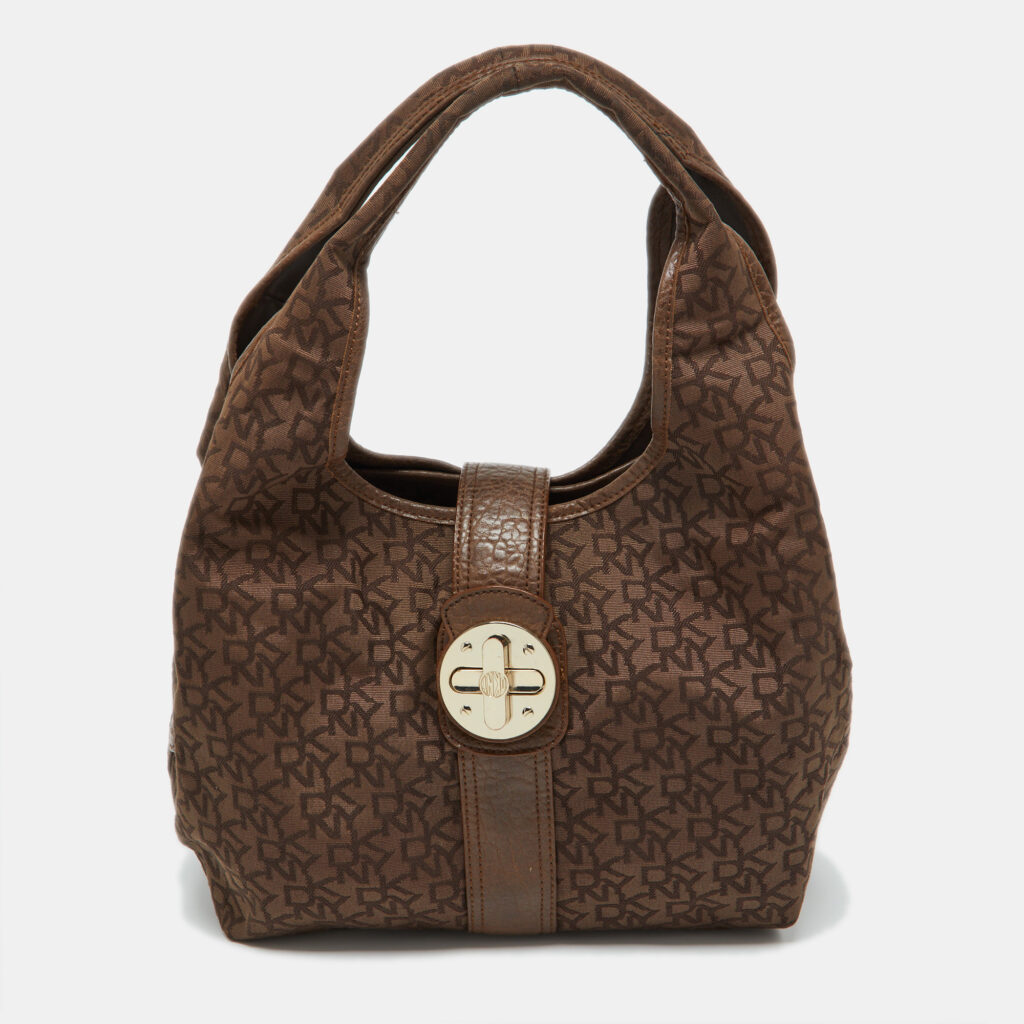 Dkny Brown Signature Canvas and Croc Embossed Leather Push Lock Hobo