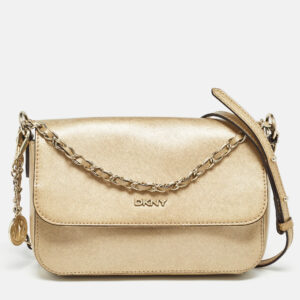 dkny gold leather logo flap crossbody bag
