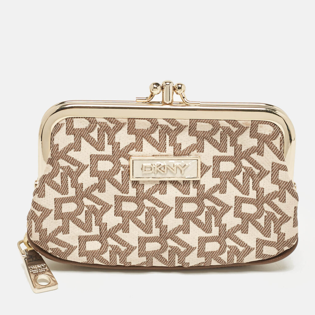 luxury-women-dkny-used-handbags-p1088850-008.jpg DKNY Beige/Brown Signature Canvas Kisslock Frame Coin Purse