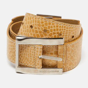 dolce & gabbana cream croc embossed leather buckle belt
