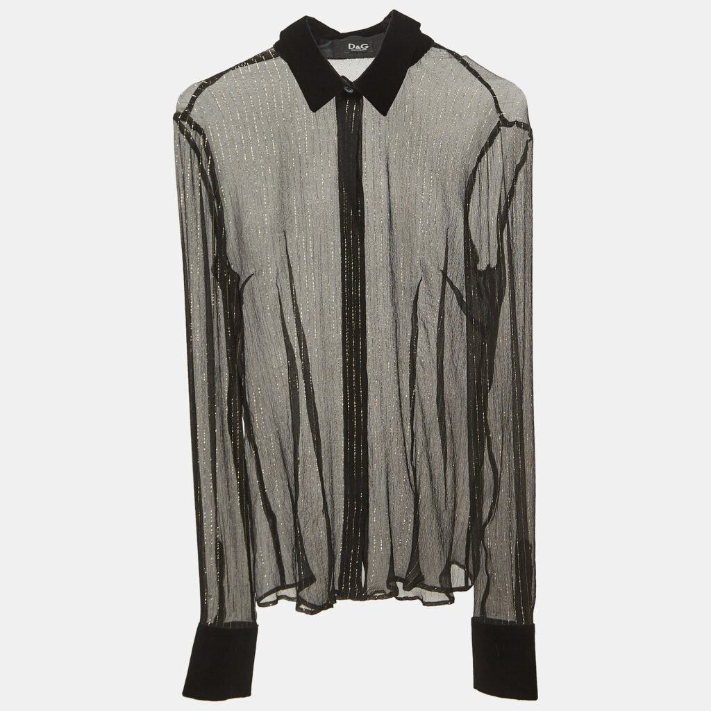 D&G Black/Gold Lurex Stripe Velvet Trim Sheer Shirt S