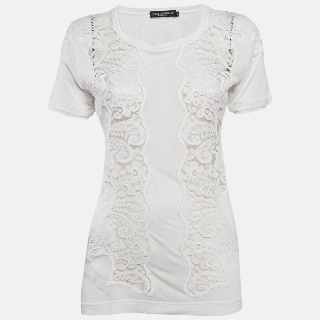 luxury-women-dolcegabbana-used-clothes-p1082321-001.jpg Dolce & Gabbana White Modal & Lace Trim Crew Neck Top M