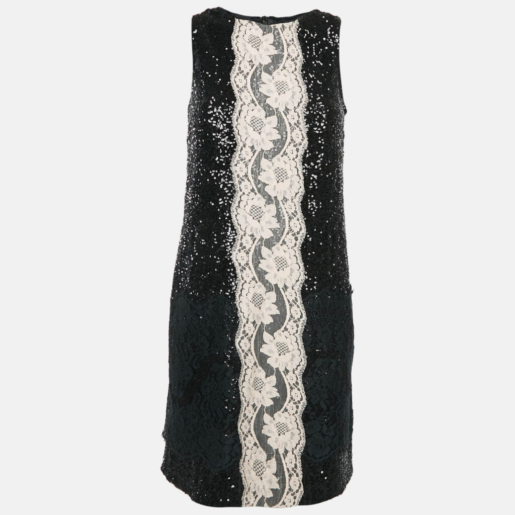 luxury-women-dolcegabbana-used-clothes-p1089002-001.jpg Dolce & Gabbana Black Sequin Lace Trimmed Sleeveless Mini Dress M