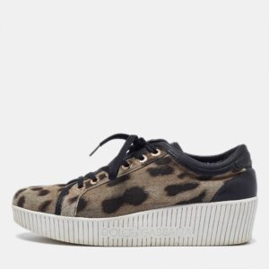 dolce & gabbana black/brown leopard print canvas and leather sneakers size 40