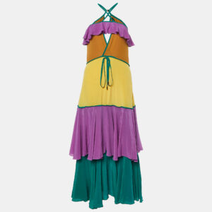 dsquared2 purple colorblock silk ruffled sleeveless long dress s