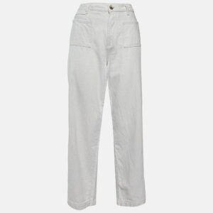 emporio armani cream cotton & linen straight fit trousers m/ waist 31"