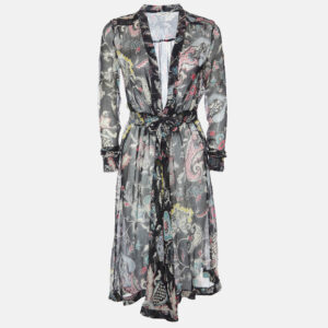 etro black printed silk v neck midi dress s