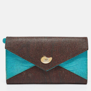 etro brown/blue paisley coated canvas and lizard embossed leather trifold continental wallet