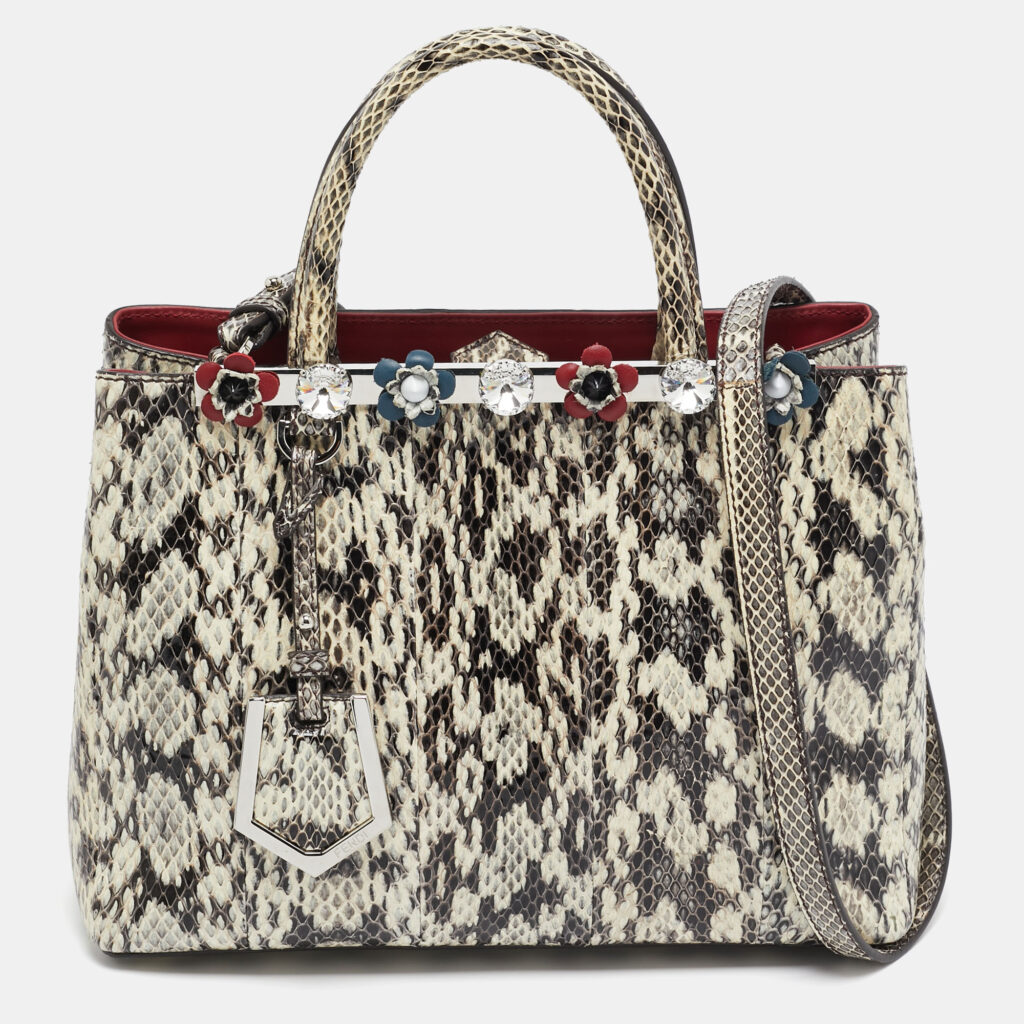 luxury-women-fendi-used-handbags-p1014623-005.jpg Fendi Black/white Snakeskin Leather Small Flowerland 2Jours Tote