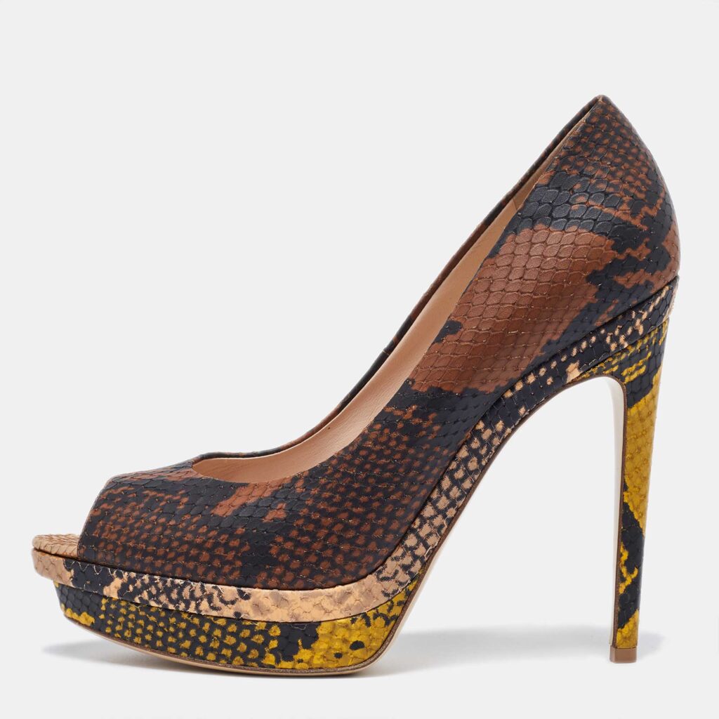 luxury-women-fendi-used-shoes-p1015538-003.jpg Fendi Multicolor Python Embossed Leather Peep Toe Platform Pumps Size 40
