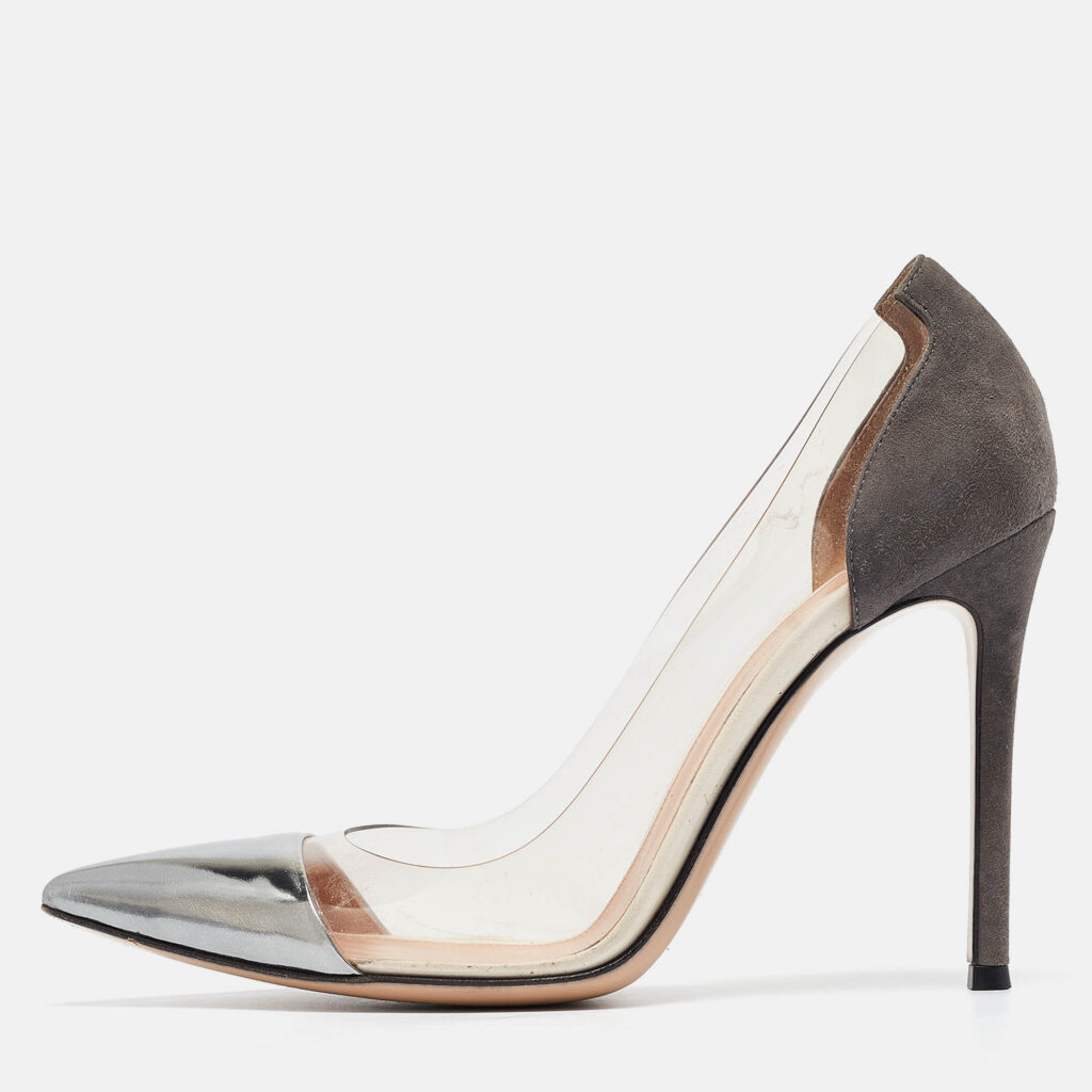 luxury-women-gianvito-rossi-used-shoes-p1016081-010.jpg Gianvito Rossi Tricolor Suede and PVC Plexi Pumps Size 38