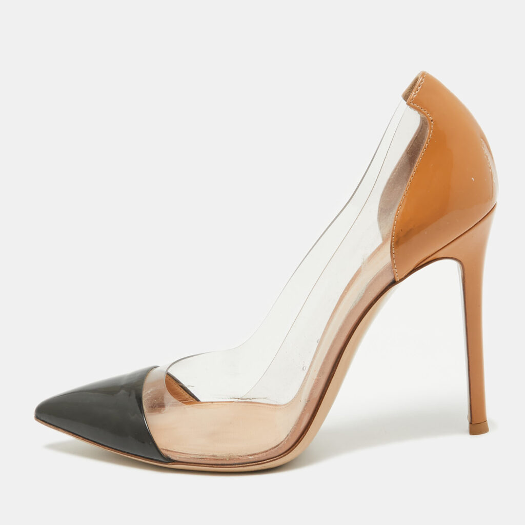 luxury-women-gianvito-rossi-used-shoes-p1021226-001.jpg Gianvito Rossi Nude/Black Patent Leather And PVC Plexi Pointed Toe Pumps Size 38