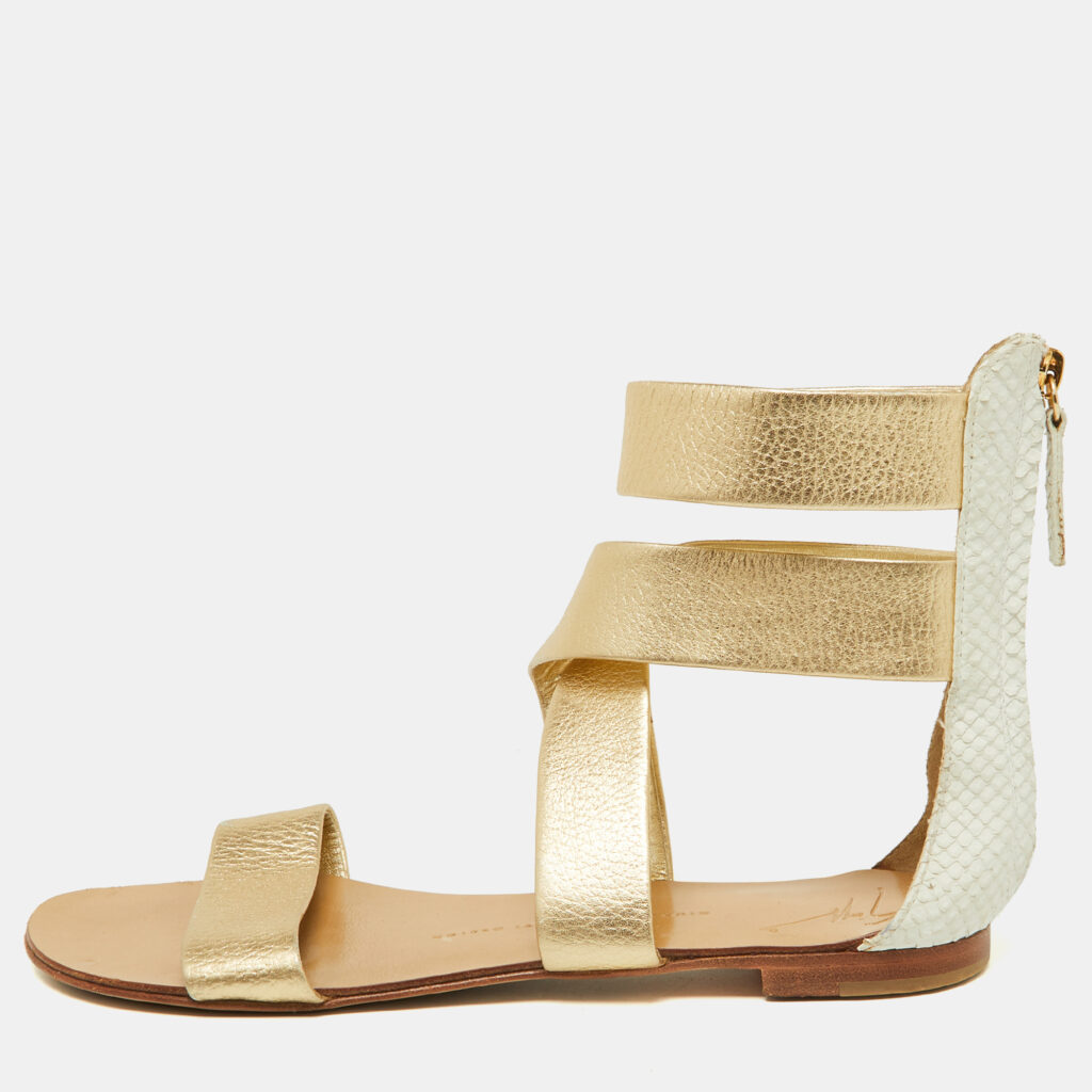 luxury-women-giuseppe-zanotti-used-shoes-p1000931-001.jpg Giuseppe Zanotti Gold/White Python Embossed Leather Ankle Cuff Flat Sandals Size 38