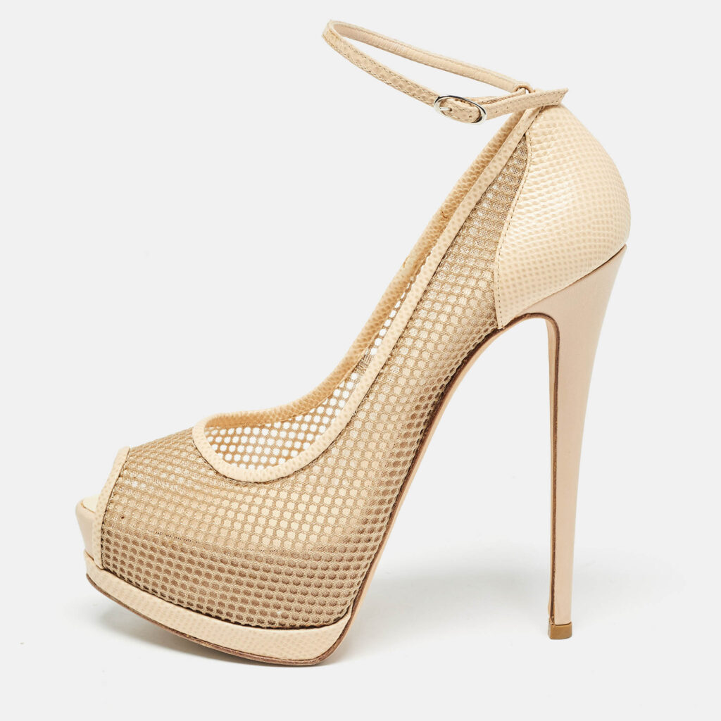 luxury-women-giuseppe-zanotti-used-shoes-p1019901-011.jpg Giuseppe Zanotti Beige Mesh and Lizard Embossed Leather Peep Toe Pumps Size 40.5