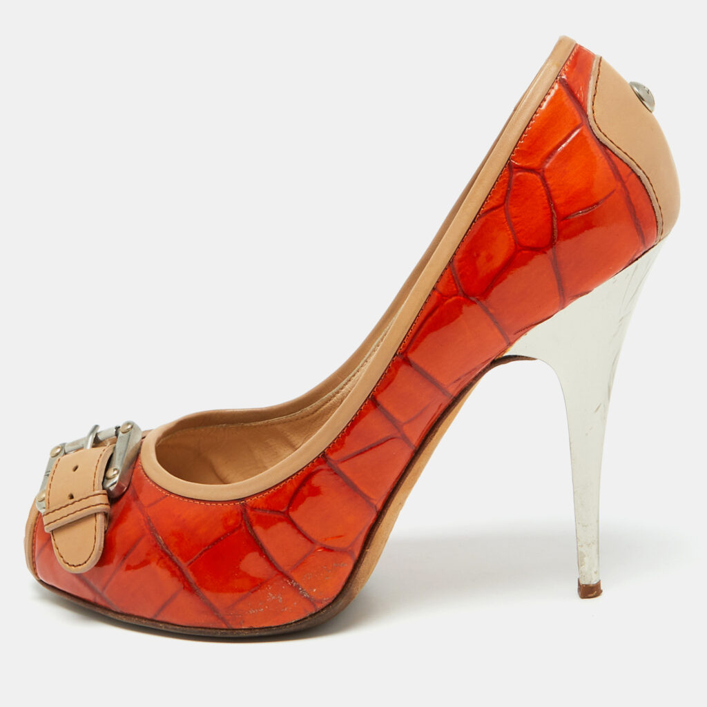 luxury-women-giuseppe-zanotti-used-shoes-p1084253-002.jpg Giuseppe Zanotti Orange Croc Embossed Leather Buckle Detail Peep Toe Pumps Size 38.5