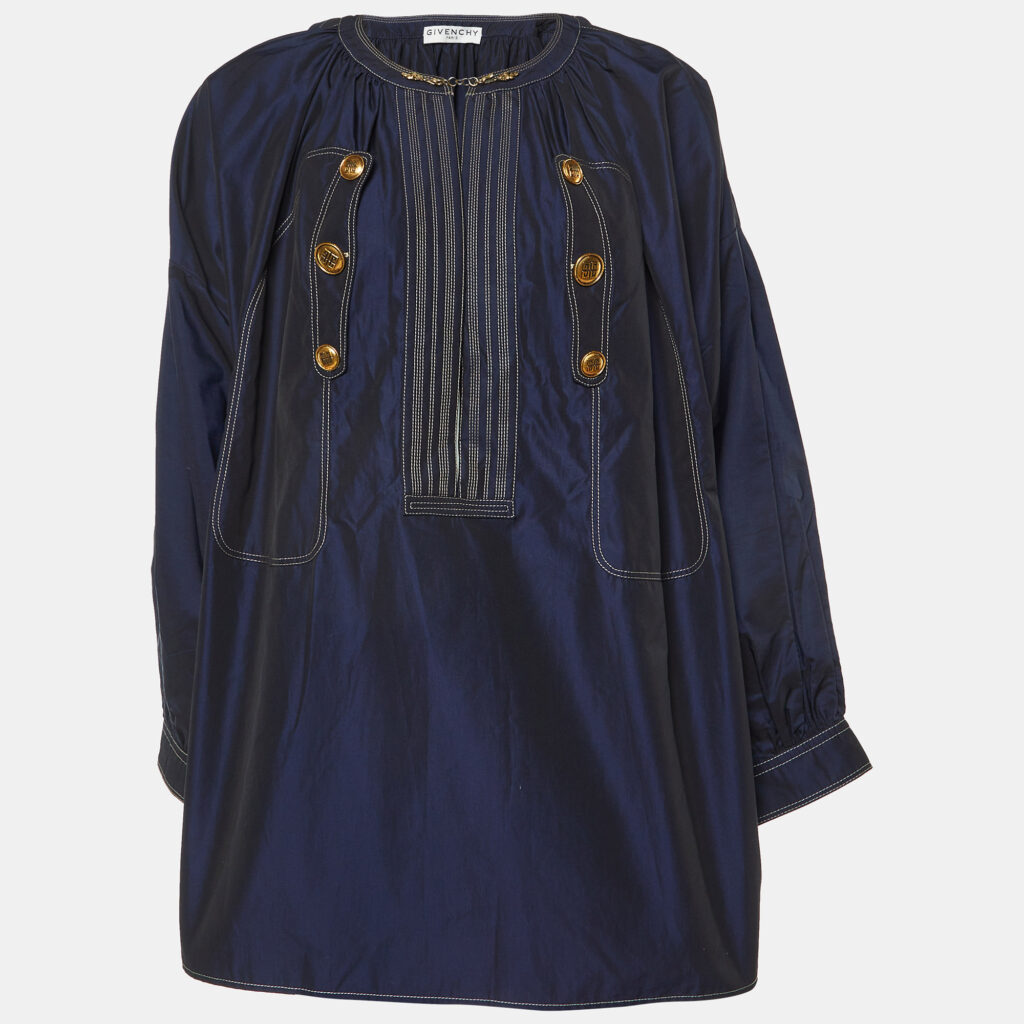 luxury-women-givenchy-used-clothes-p1019826-003.jpg Givenchy Navy Blue Cotton Detailed Hook & Button Blouse L