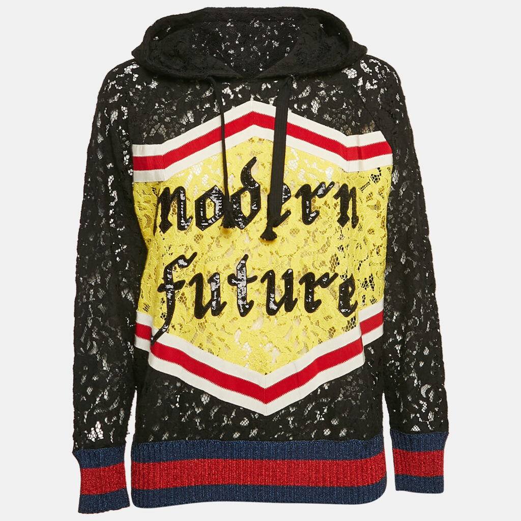 luxury-women-gucci-used-clothes-p1079584-004.jpg Gucci Black Modern Future Sequin Embroidered Lace Hoodie XXS