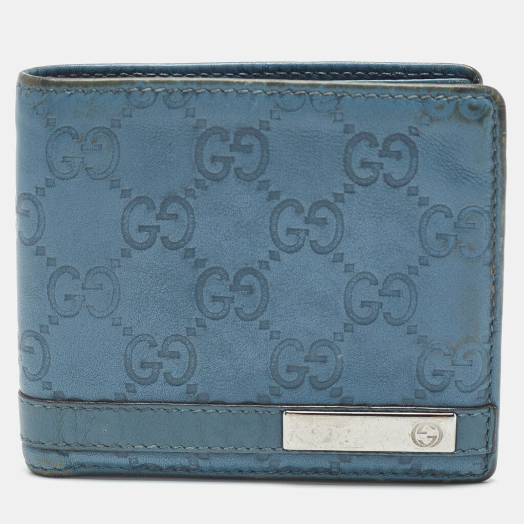 luxury-women-gucci-used-handbags-p1010220-013.jpg Gucci Blue Guccissima Leather Metal Bar Bifold Wallet