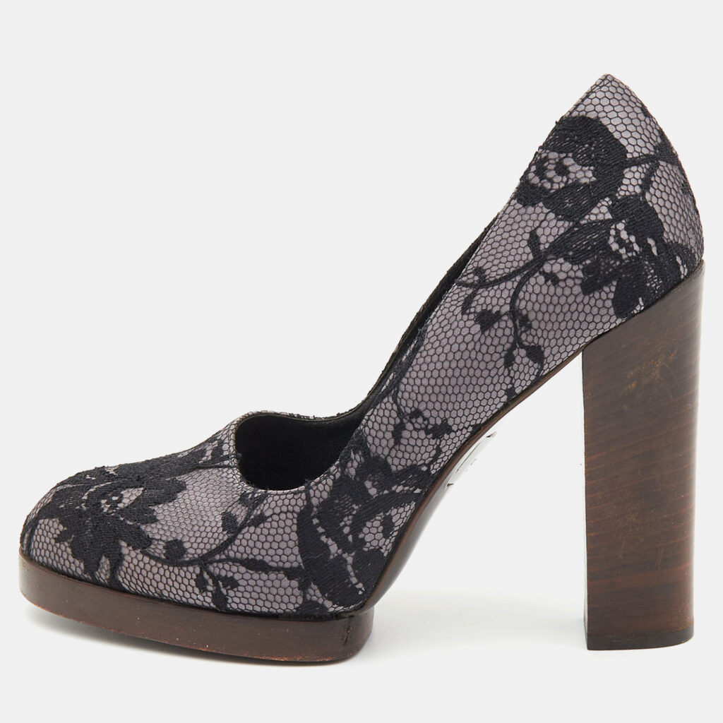 luxury-women-gucci-used-shoes-p1008413-005.jpg Gucci Black/Grey Floral Lace and Satin Platform Round Toe Pumps Size 37