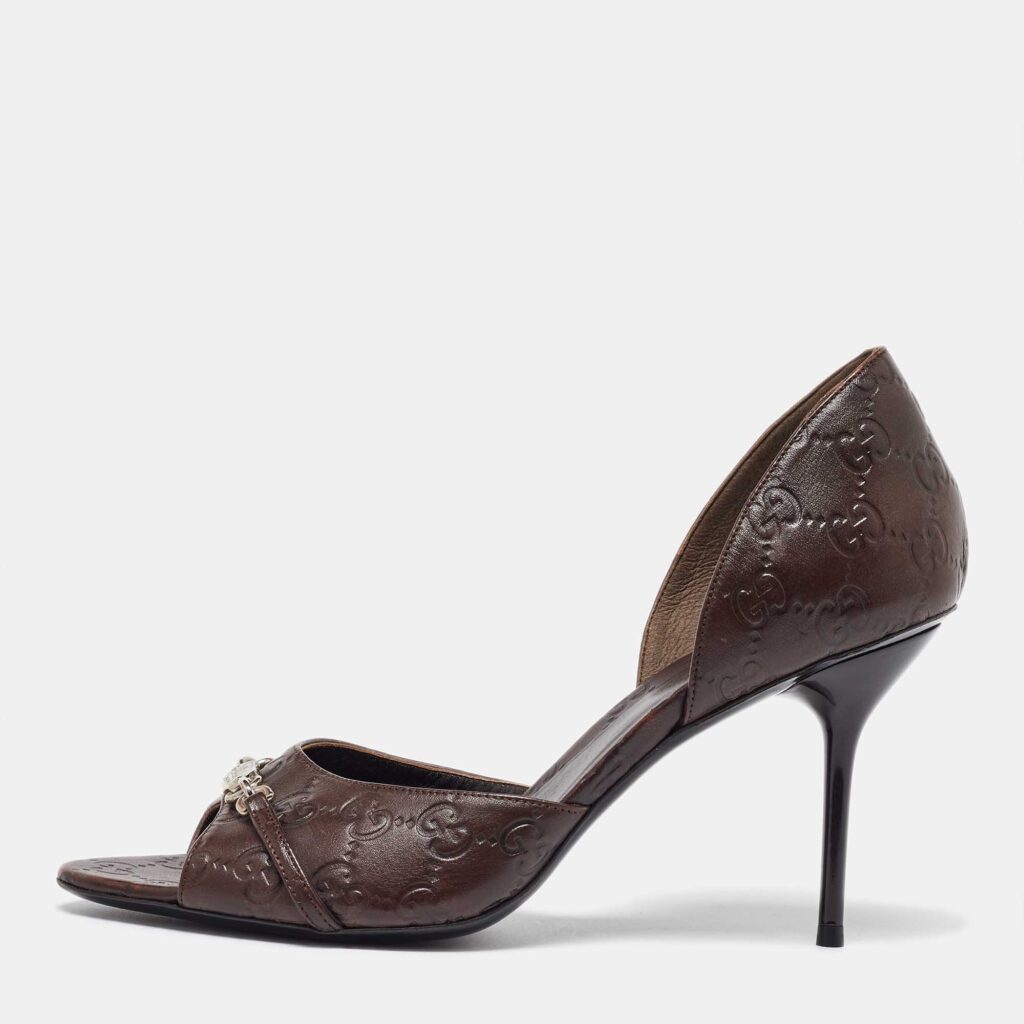 luxury-women-gucci-used-shoes-p1020469-003.jpg Gucci Brown Guccissima Leather Horsebit D'orsay Peep Toe Pumps Size 40.5