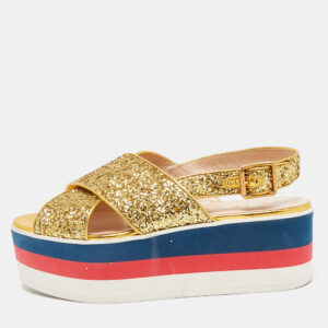 gucci gold glitter leather crossover platform sandals size 38