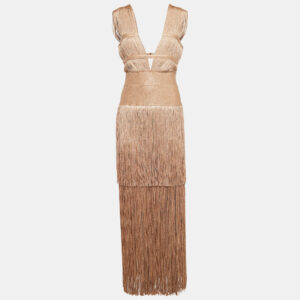 herve leger metallic lurex knit fringed bodycon evening gown m