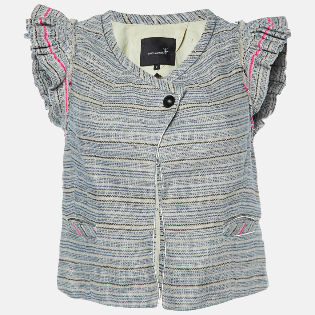 Isabel Marant Grey Stripe Linen Flutter Sleeve Crop Top XS