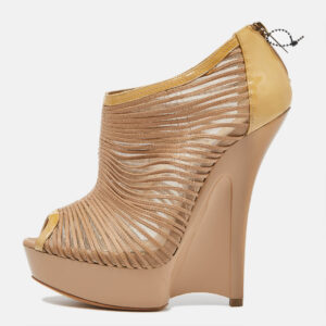jimmy choo beige patent leather and mesh wedge peep toe platform ankle booties size 38.5