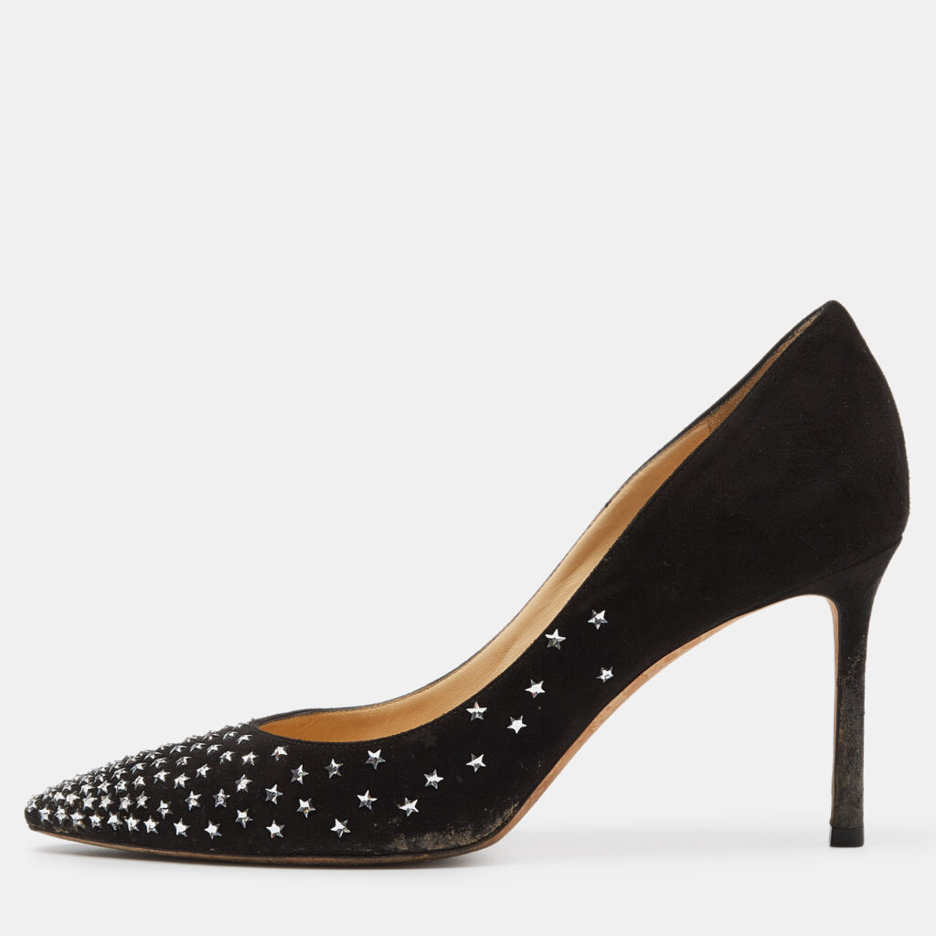 luxury-women-jimmy-choo-used-shoes-p1003266-003.jpg Jimmy Choo Black Suede Romy Crystal Embellished Pointed Toe Pumps Size 39.5