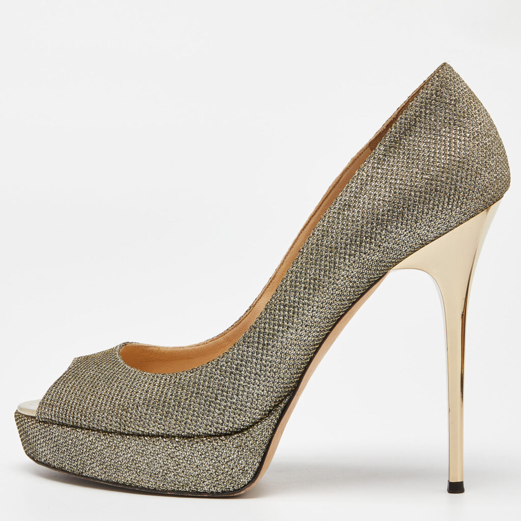 luxury-women-jimmy-choo-used-shoes-p1005255-009.jpg Jimmy Choo Gold/Silver Glitter Fabric Dahlia Platform Pumps Size 39.5