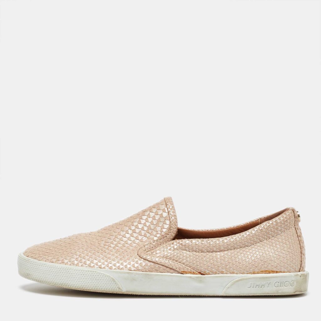 luxury-women-jimmy-choo-used-shoes-p1020371-003.jpg Jimmy Choo Beige Python Embossed Leather Slip On Sneakers Size 35