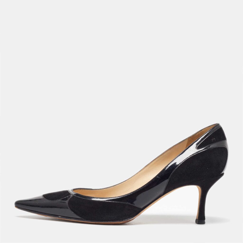 luxury-women-jimmy-choo-used-shoes-p1020473-003.jpg Jimmy Choo Black Suede and Patent Leather Pointed Toe Pumps Size 38.5