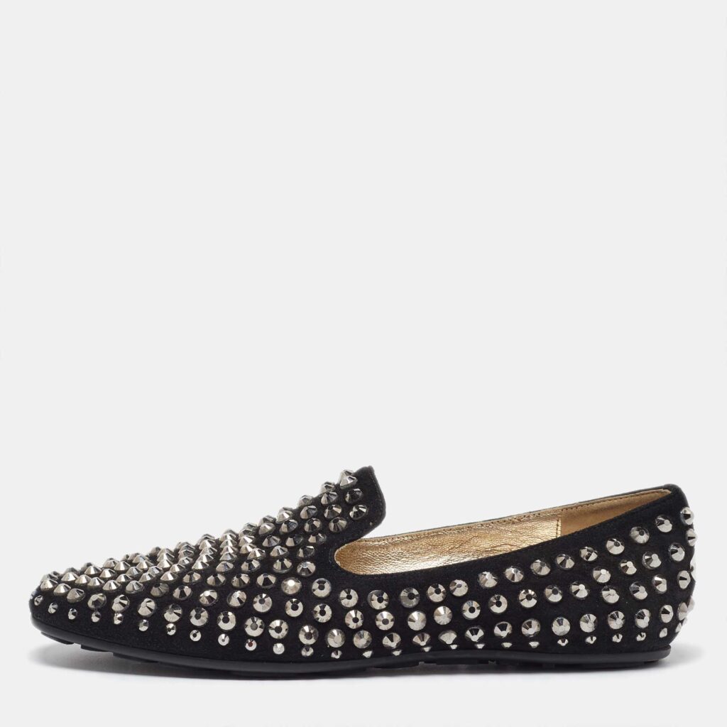 luxury-women-jimmy-choo-used-shoes-p1021179-001.jpg Jimmy Choo Black Suede Wheel Crystal Studded Smoking Slippers Size 35