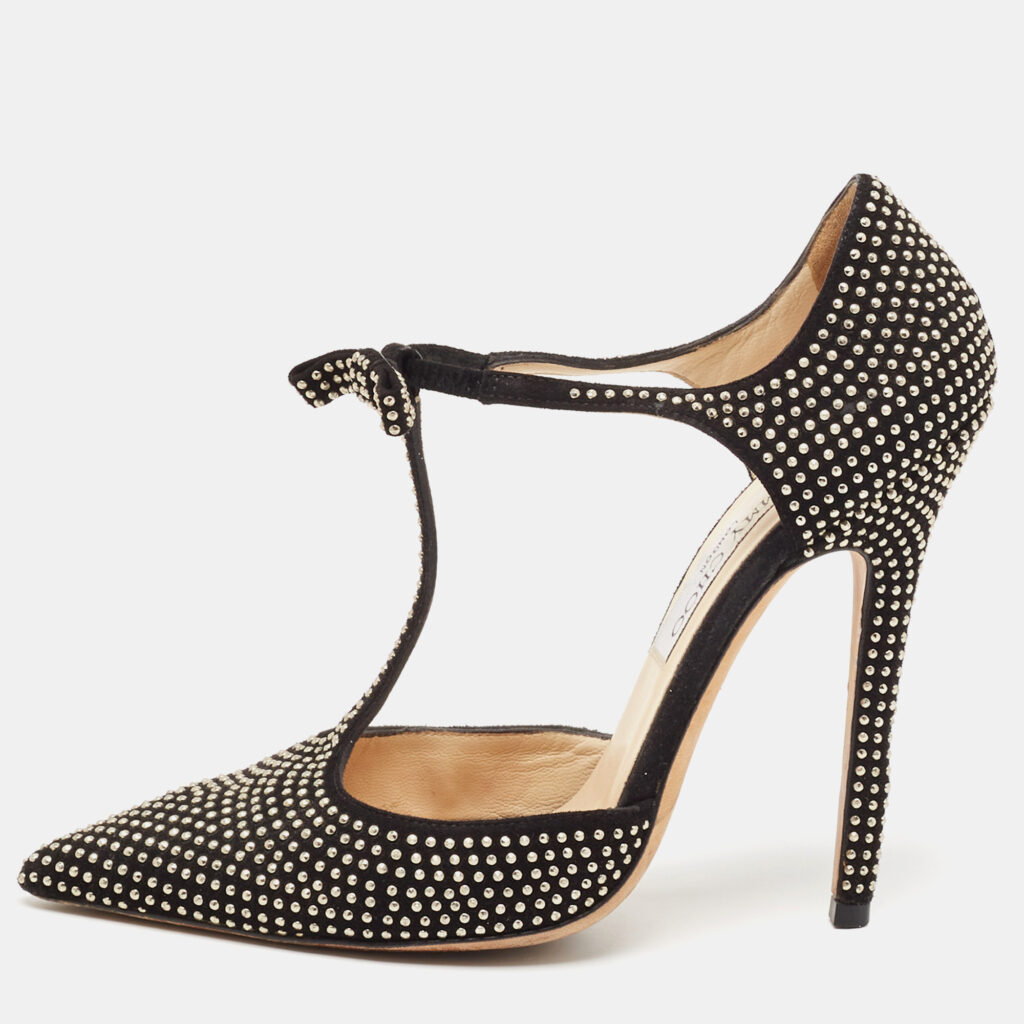 luxury-women-jimmy-choo-used-shoes-p1088398-001.jpg Jimmy Choo Black Studded Suede Talan T Strap Pumps Size 36