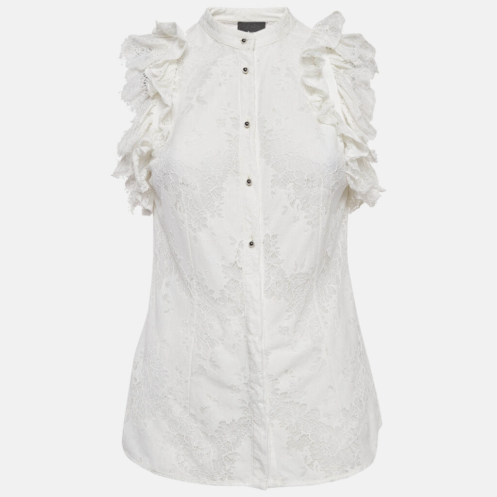 luxury-women-just-cavalli-used-clothes-p1016015-001.jpg Just Cavalli White Lace Ruffled Sleeveless Shirt M