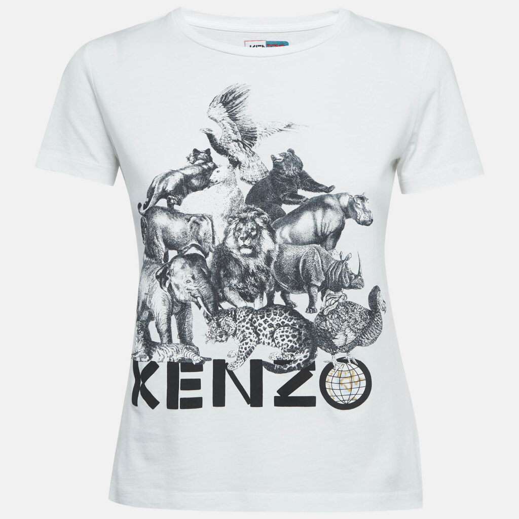 Kenzo White Animal Printed Cotton Knit T-Shirt S