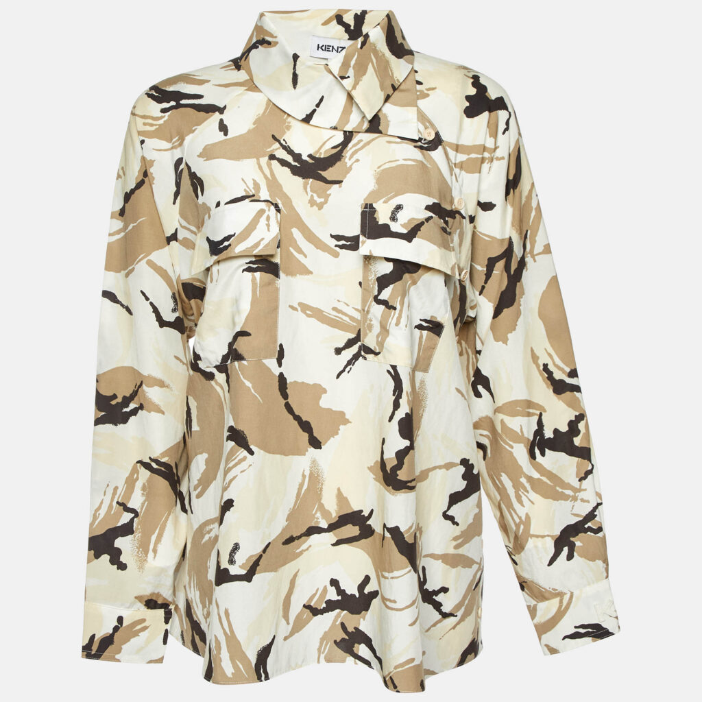 luxury-women-kenzo-used-clothes-p1014933-001.jpg Kenzo Beige Camouflage Print Silk Blend Asymmetric Shirt S