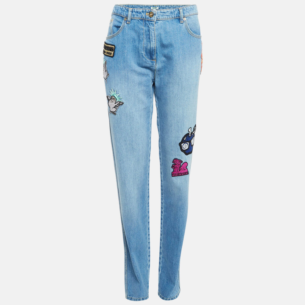 luxury-women-kenzo-used-clothes-p1020065-001.jpg Kenzo Blue Applique Detail Denim Boyfriend Jeans M Waist 32"