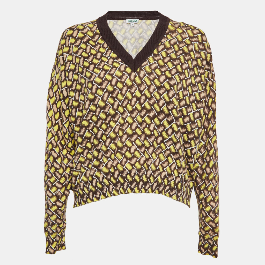 luxury-women-kenzo-used-clothes-p1020503-001.jpg Kenzo Yellow Patterned Cotton Knit V-Neck Sweater S