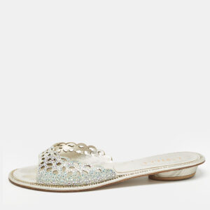 le silla silver crystal embellished textured suede flat slides size 37.5