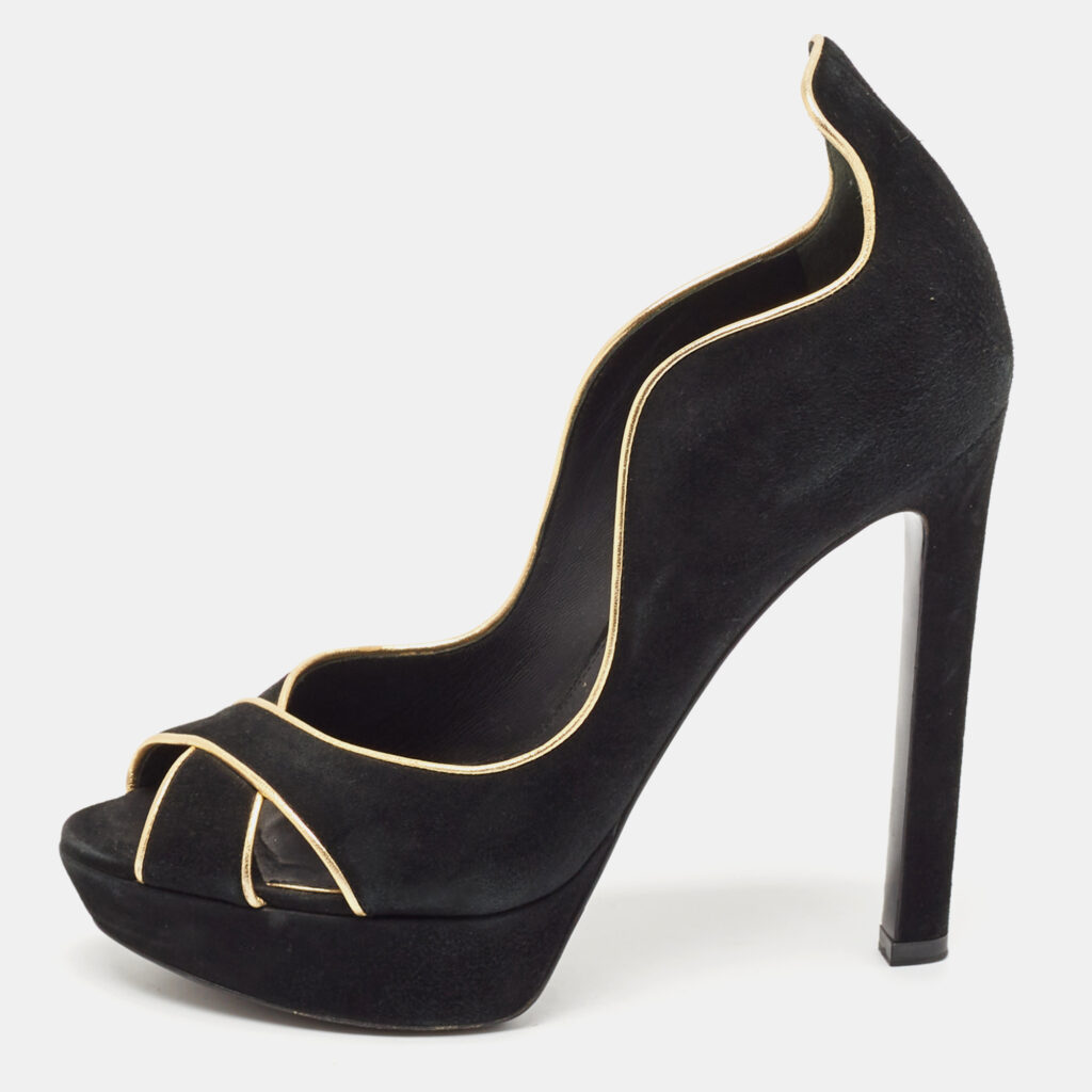luxury-women-louis-vuitton-used-shoes-p1087680-001.jpg Louis Vuitton Black/Gold Suede Crisscross Peep Toe Pump Size 37.5