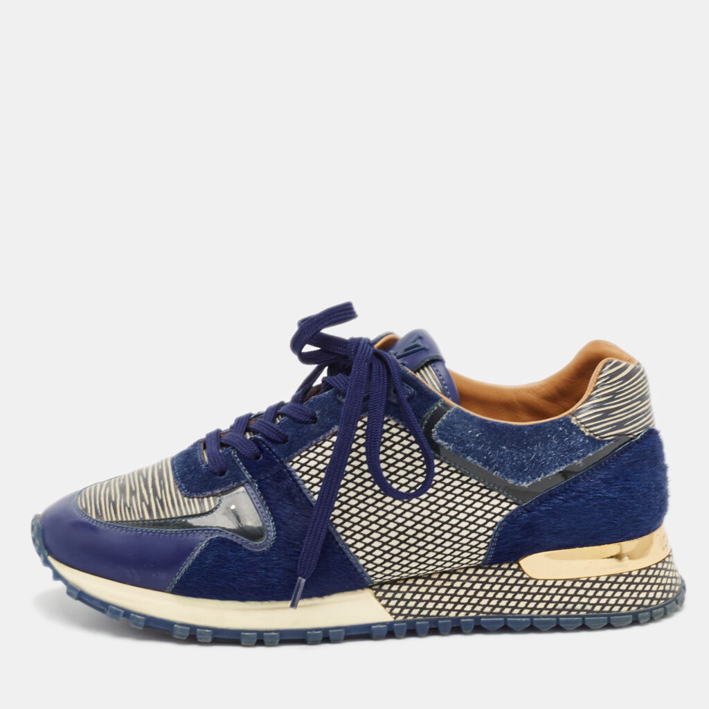 luxury-women-louis-vuitton-used-shoes-p1089000-001.jpg Louis Vuitton Blue/White Leather And Calf Hair Run Away Low Top Sneakers Size 36.5