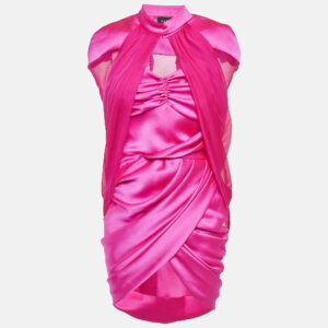 m.a.e pink satin and chiffon gathered generation dress with cape s